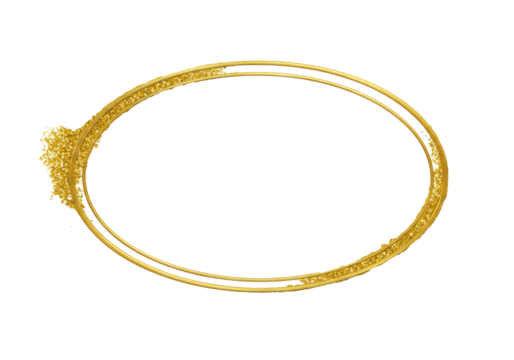 Elegant oval gold frame with thin border, sparkling glitter elements, metallic sheen, isolated on transparent background with copy space. Concept of luxury design element