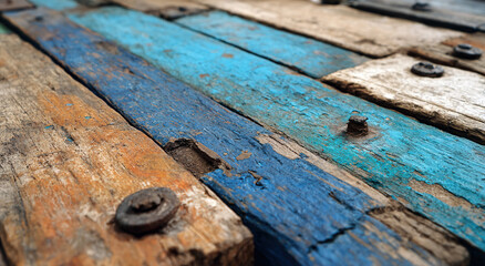 Rusty bolt on weathered blue-painted wooden planks; textured surface concept.