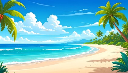 Serene tropical beach scene with palm trees and azure water illustration
