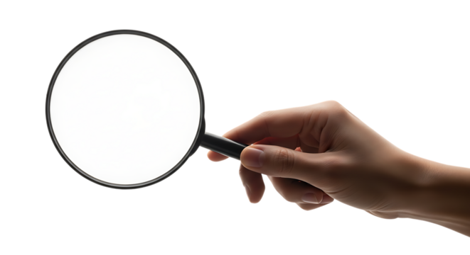 Magnifying glass held by a hand on a black background object