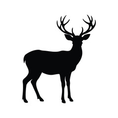 Obraz premium Majestic Deer Silhouette Standing Tall in Stark Contrast Against White Background, deer in forest stance silhouette vector illustration