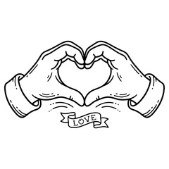 Fototapeta premium Hand drawn hands making heart shape illustration isolated on white. High quality black and white sketch perfect for valentine designs wedding art and love symbols.