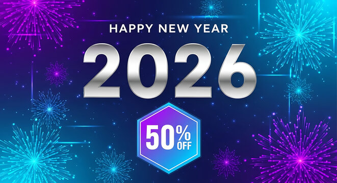 Happy new year 2026 festive fireworks celebration sale banner