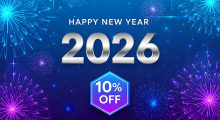 Happy new year 2026 celebration banner with a 10% off sale