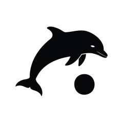 Naklejka premium Black silhouette of a playful dolphin balancing a ball on its nose, dolphin nosing ball silhouette vector illustration
