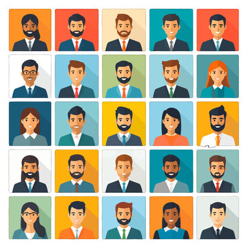 Diverse Group of Pixelated Business Avatars on Square Backgrounds in Muted Colors Flat Vector Illustration