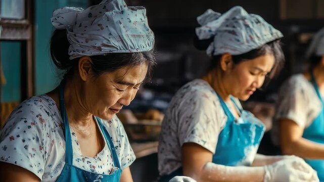 Women preparing dough in a bustling bakery during the early morning hours of a busy market