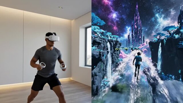 Person engages in virtual reality fitness game experiencing immersive fantasy world with futuristic headset and motion tracking technology