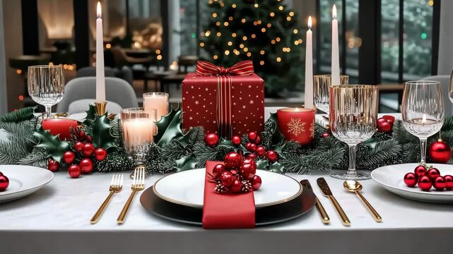 Festive Table Setting: A beautifully arranged Christmas table setting adorned with holiday decorations, exuding warmth and celebration.