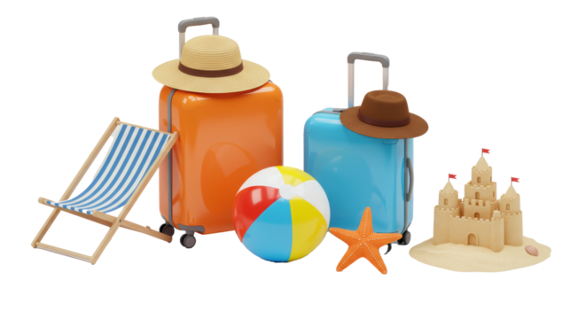 Vibrant suitcases, hats, beach ball, deck chair, sandcastle, starfish, and smiling sun character on transparent studio background, isometric, cheerful summer vacation concept