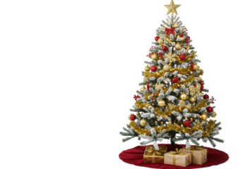 A beautifully decorated, lush artificial Christmas tree with white needles, flocked snow, golden star topper, red, gold, silver ornaments, and string lights, with two presents at its base, on a red