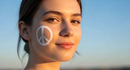 Young woman with peace sign painted on her cheek smiling brightly during golden hour outdoors for World Peace Day concept and global unity
