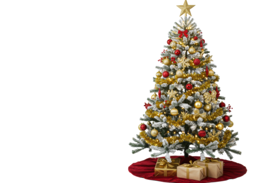 A beautifully decorated, lush artificial Christmas tree with white needles, flocked snow, golden star topper, red, gold, silver ornaments, and string lights, with two presents at its base, on a red