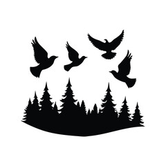 Silhouette of birds flying over forest trees in a minimalist scene, forest birds flying silhouette vector illustration