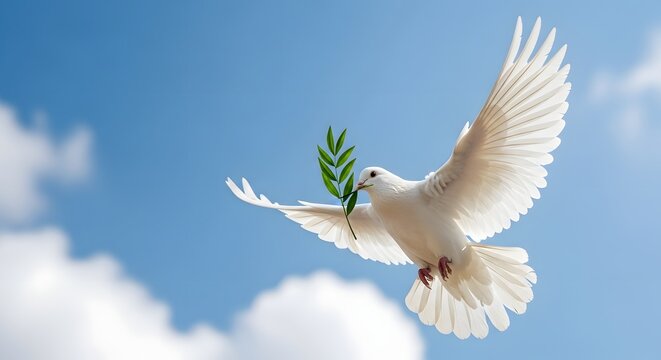 White dove flying with an olive branch against a serene blue sky representing world peace day concept, hope, and reconciliation