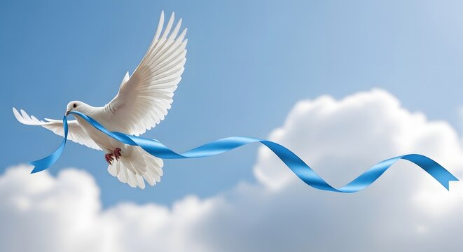 White dove soaring gracefully with a flowing blue ribbon against a serene blue sky with clouds, representing World Peace Day concept and global hope