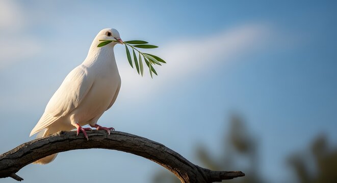 White dove holding an olive branch perched on a bare tree branch against a clear blue sky for World Peace Day concept and global harmony