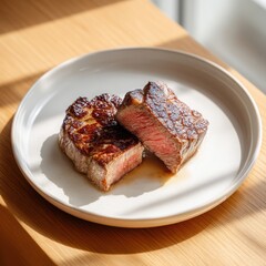 Two grilled steak pieces on a white plate One slice shows a succulent medium rare interior Resting on a wooden table
