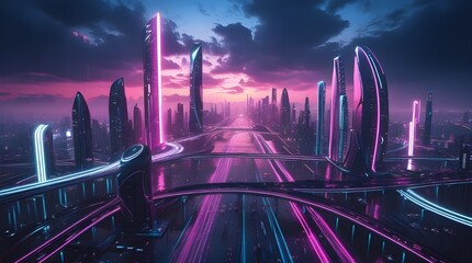 Futuristic city skyline with vibrant neon lights
