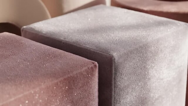 Closeup of two sparkling velvet cubes in rose and grey tones