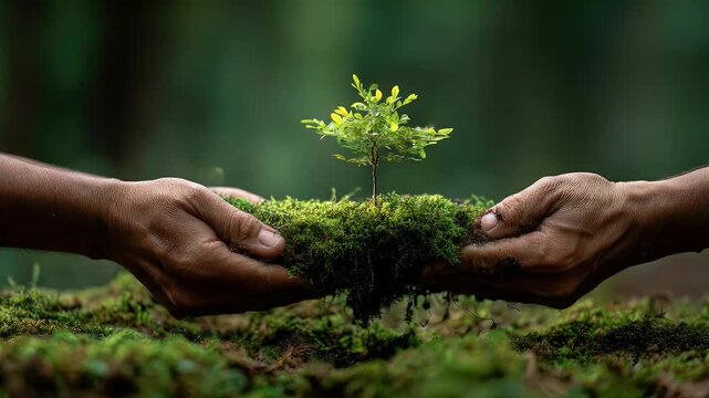 Hands holding a small sapling in a bed of moss