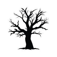 A stark silhouette of a bare tree against a bright white background, old broken dead tree silhouette vector illustration