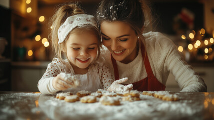 a mother and daughter baking cookies together in the kitchen, joyful holiday atmosphere with flour and lights