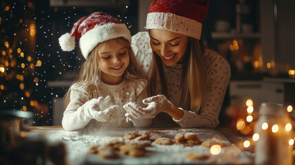 a mother and daughter baking cookies together in the kitchen, joyful holiday atmosphere with flour and lights