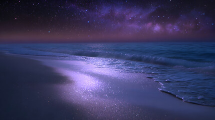 Naklejka premium Starry Beach Serenity: A tranquil coastal scene unfolds under the celestial canvas, where the gentle ocean meets the sandy shore, creating a mesmerizing blend of water and starlight.