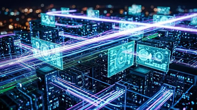 Abstract Digital Cityscape With Glowing Neon Light Trails And Futuristic Data Streams Illustrating Global Connectivity At Night