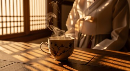 Steaming ceramic teacup with delicate branch pattern on wooden floor in warm sunlit traditional japanese style interior with shoji screen windows