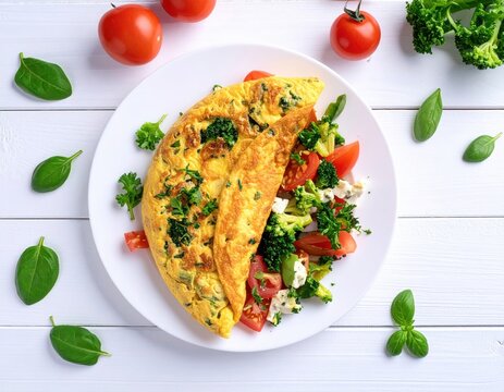 Omelette with broccoli tomatoes and cheese on white plate fresh ingredients scattered on white wood
