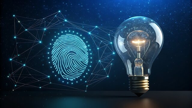 Digital concept of innovation and security featuring a glowing light bulb next to a futuristic biometric fingerprint scan on a dark blue background