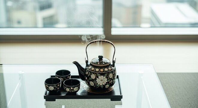 Traditional Japanese black ceramic tea set with golden floral pattern steaming on wooden tray by modern kitchen window with natural daylight - Powered by Adobe