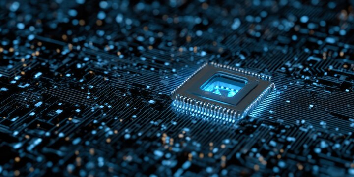 Close up of a glowing central processing unit on a dark circuit board.