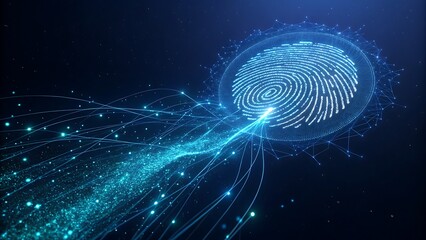 Digital fingerprint scanning with glowing blue light particles flowing into the biometric security system on a dark background, representing data protection and identity verification technology