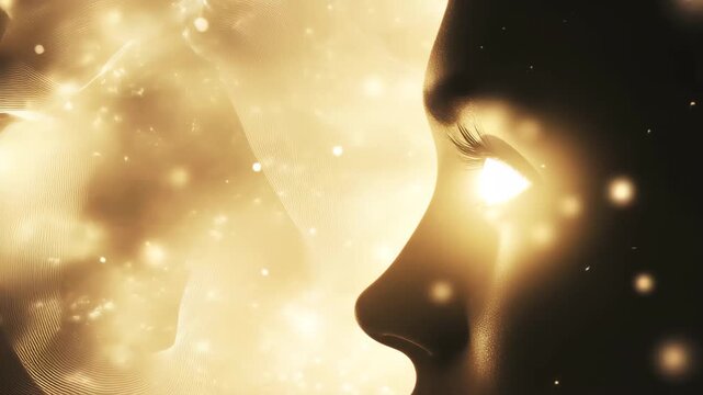 Golden light illuminates the profile of a serene woman surrounded by cosmic elements