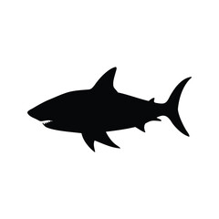 Menacing black silhouette of a shark swimming across a white background, shark showing dorsal silhouette vector illustration