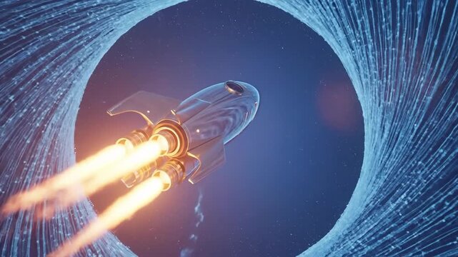 Silver Retro Rocket Ship Launching Through a Swirling Blue Vortex Tunnel Emitting Bright Orange Flames From Its Engines