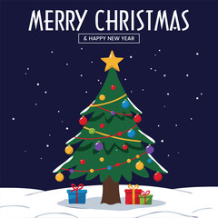 Decorated Christmas Tree in Snowy Night, Merry Christmas and Happy New Year Vector Greeting Card Template Illustration, Gifts Below