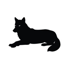 Silhouette of a recumbent wolf with glowing eyes, captured in dramatic simplicity, wolf lying down silhouette vector illustration