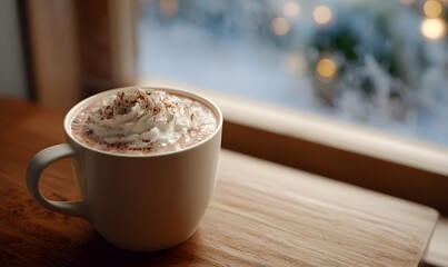 steaming cup of hot chocolate, with whipped cream and a sprinkle of cocoa powder on top
