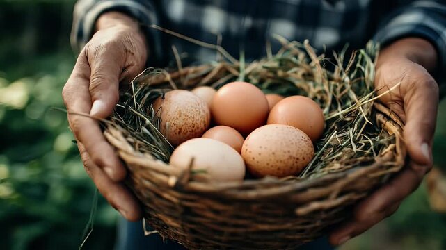 Fresh eggs held in a woven basket