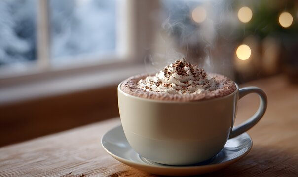 steaming cup of hot chocolate, with whipped cream and a sprinkle of cocoa powder on top - Powered by Adobe