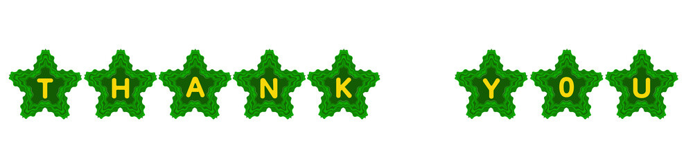A bright green star-shaped decorative arrangement featuring bold yellow text saying “Thank You,” suitable for greeting cards, appreciation graphics, promotional designs, and festive-themed layouts.