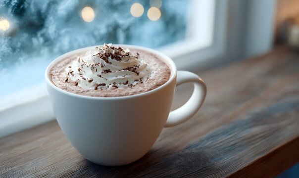 steaming cup of hot chocolate, with whipped cream and a sprinkle of cocoa powder on top