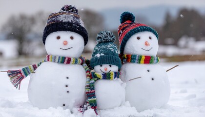 Fototapeta premium Snowman family portrait wearing knitted winter hats and scarves.