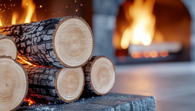 Stacked firewood logs burning near a warm fireplace. - Powered by Adobe