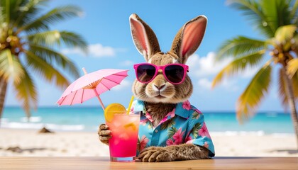 Cool rabbit in sunglasses and Hawaiian shirt holding a pink cocktail on a tropical beach vacation.