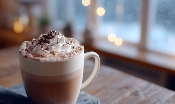 steaming cup of hot chocolate, with whipped cream and a sprinkle of cocoa powder on top - Powered by Adobe